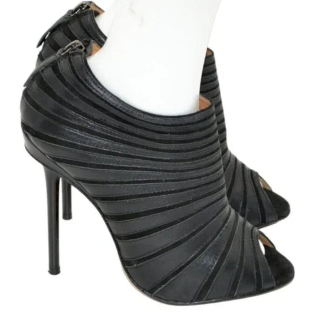 L.A.M.B. Stefani Y2K Black Leather Stiletto Peep Open Toe Booties Boots Heel 8.5 - Picture 6 of 11